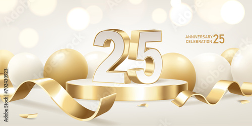 25th Anniversary celebration background. Golden 3D numbers on round podium with golden ribbons and balloons with bokeh lights in background.