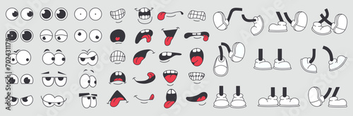 Set of 70s groovy comic faces vector. Collection of cartoon character faces, leg in different emotions happy, angry, sad, cheerful. Cute retro groovy hippie illustration for decorative, sticker