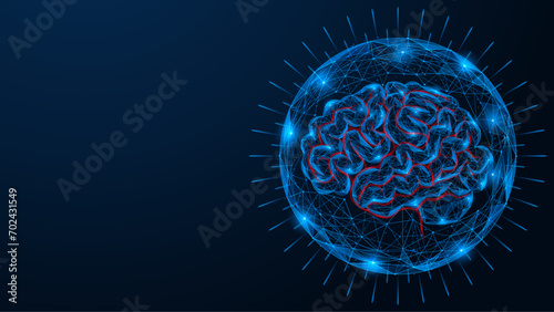 Protection of cerebral vessels. Polygonal design of interconnected lines and dots. Blue background.