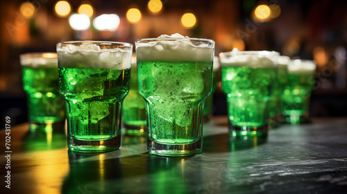 glasses with green beer on the bar counter, shamrock, st. patrick's day themed decor