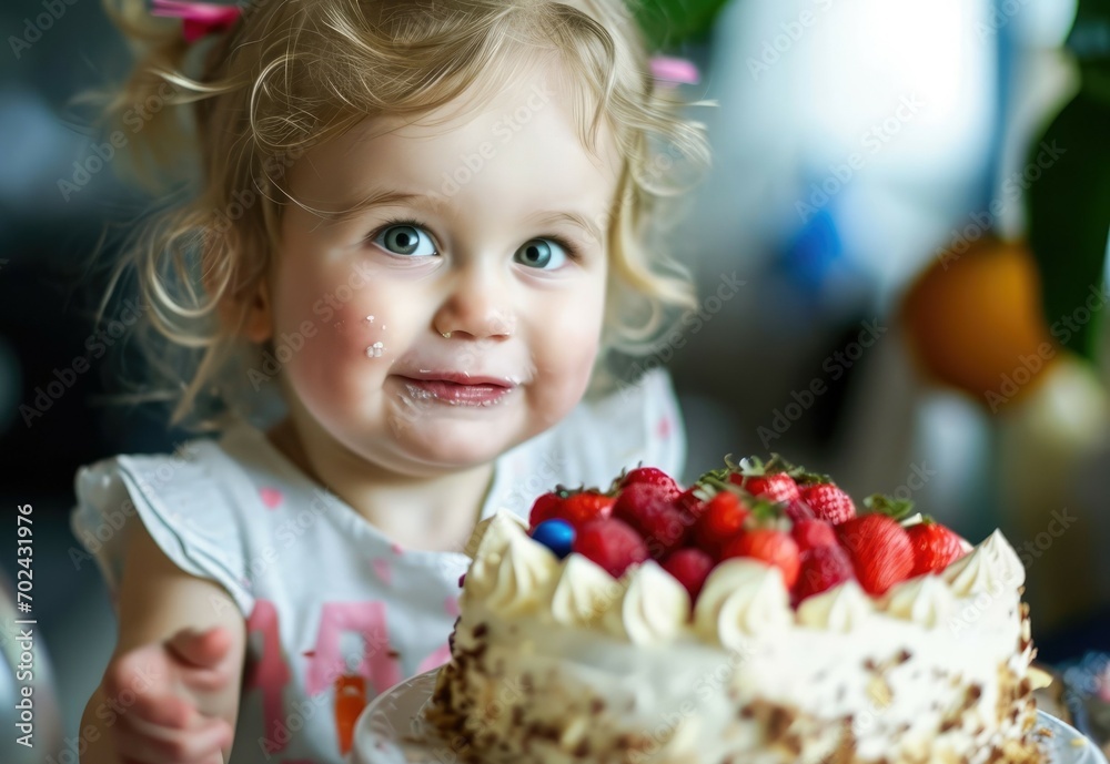 little girl trying a cake with berries and cream. little girl trying a cake with berries and cream.
