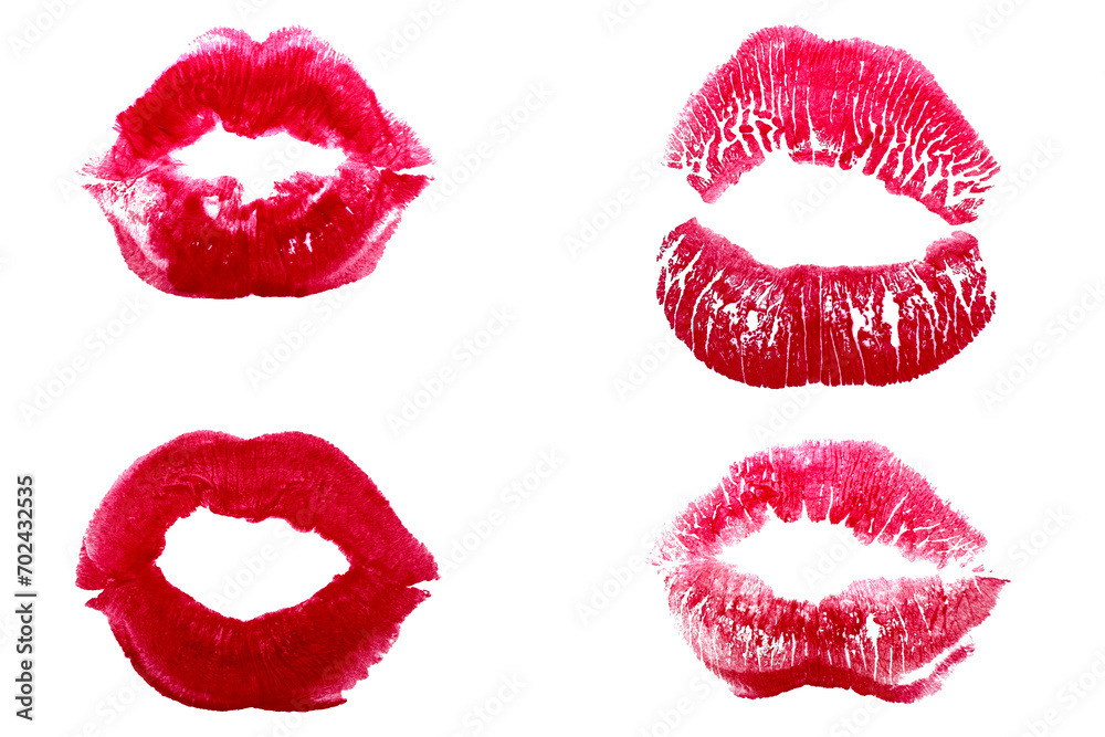 Different shapes of female sexy red lips. Sexy lips makeup, kiss mouth. Female mouth. Print of lips kiss vector background. - obrazy, fototapety, plakaty 