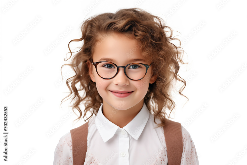Obraz premium Schoolgirl in glasses, smiling, looking at camera, back to school concept, isolated on the white background, studio shot. Space for text