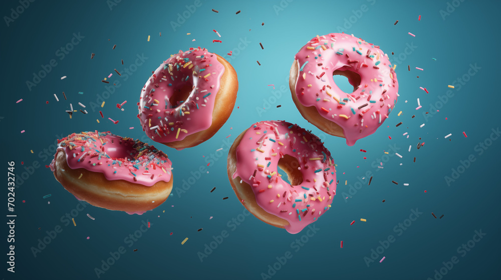 Donuts con fresa volando para usar en publicidad - obrazy, fototapety, plakaty 