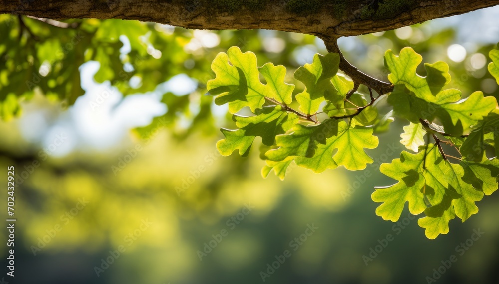 Golden sunlight illuminating vibrant oak tree leaves in a picturesque natural setting Golden sunlight illuminating vibrant oak tree leaves in a picturesque natural setting