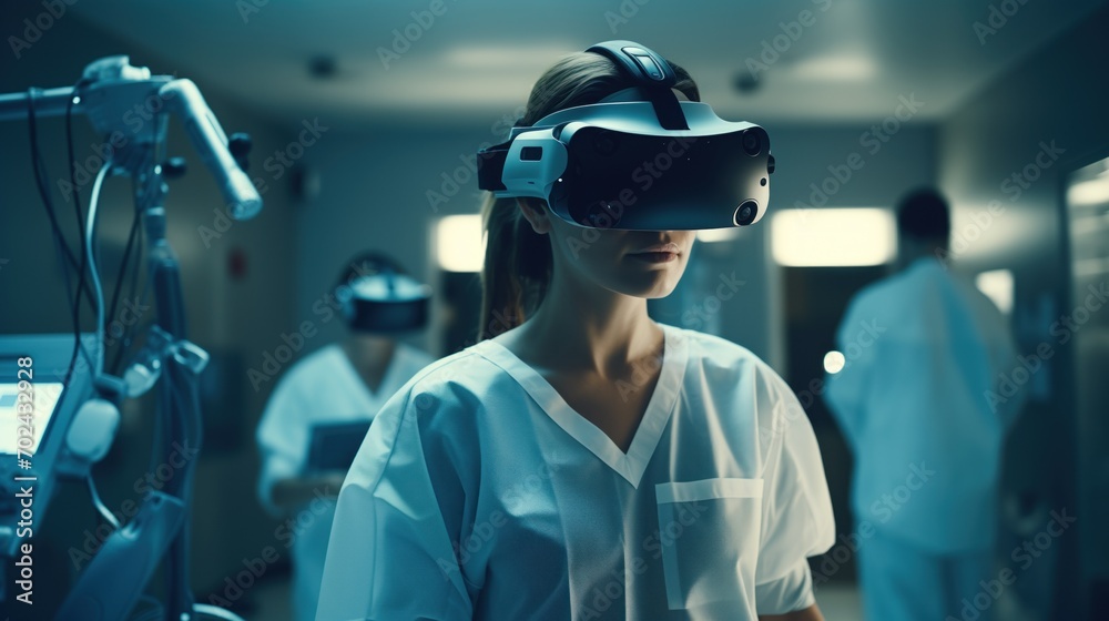 White female surgeon Wearing Virtual Reality Headset Uses Controllers to Remotely Operate Patient with Medical Robot. Modern High-Tech Advance in Breakthrough Medical Treatment, generative ai - obrazy, fototapety, plakaty 