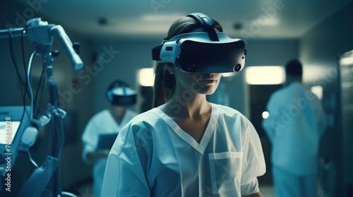 White female surgeon Wearing Virtual Reality Headset Uses Controllers to Remotely Operate Patient with Medical Robot. Modern High-Tech Advance in Breakthrough Medical Treatment, generative ai