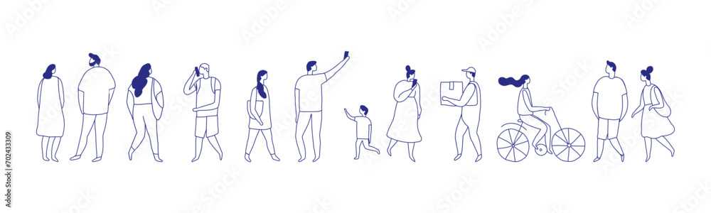 Background people silhouette line vector banner. People crowd. Men and women, kids walking outdoor - obrazy, fototapety, plakaty 