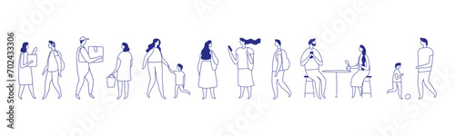 Background people silhouette line vector banner. People crowd. Men and women, kids walking outdoor
