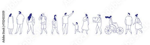 Background people silhouette line vector banner. People crowd. Men and women, kids walking outdoor photo