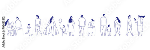 Background people silhouette line vector banner. People crowd. Men and women, kids walking outdoor