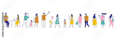 Background people silhouette line vector banner. People crowd. Men and women, kids walking outdoor photo