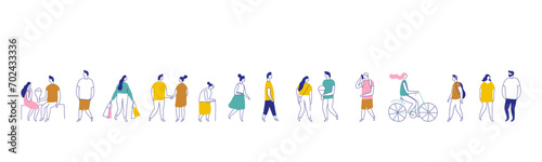 Background people silhouette line vector banner. People crowd. Men and women, kids walking outdoor