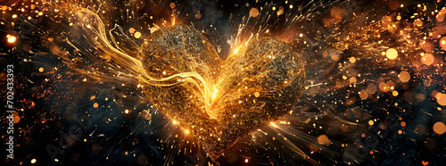 Gold heart glowing with golden sparkling on a dark background. Blurred, bokeh background. Heart shape symbol, concept of love, consumed with love. Glowing card, banner for romantic lovers. 