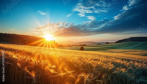 Majestic sunrise over serene countryside vibrant wheat fields and fluffy white clouds photo