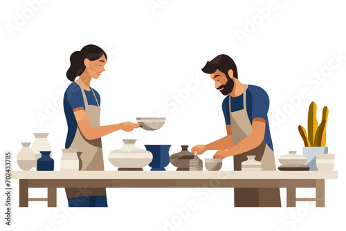 Couple Attending a Pottery Class in a Local Workshop isolated vector style illustration