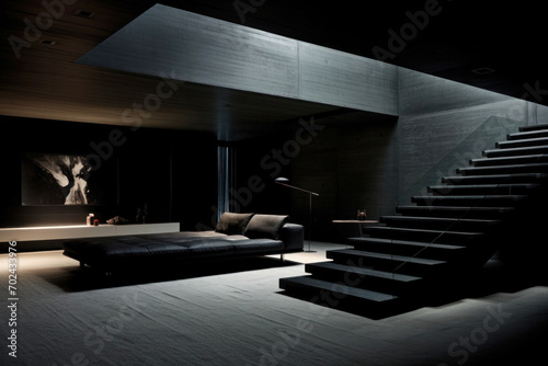 Concrete wall, skylight and staircase in black color with an armchair in the interior of a modern house. Loft style, interior design and decoration concept. Generative AI