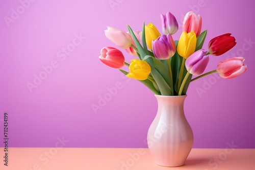 Bouquet of colorful tulips in vase on pink background
