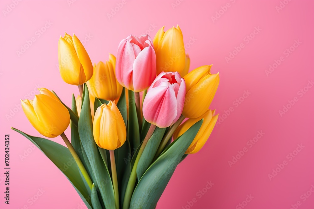 Bouquet of colorful tulips on pink background Bouquet of colorful tulips on pink background