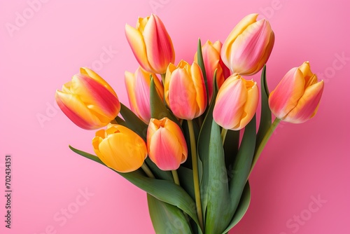 Bouquet of colorful tulips on pink background