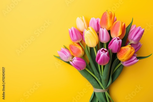 Bouquet of colorful tulips on yellow background