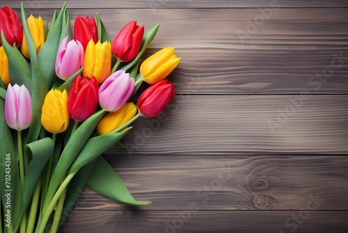 Bouquet of colorful tulips on wooden background