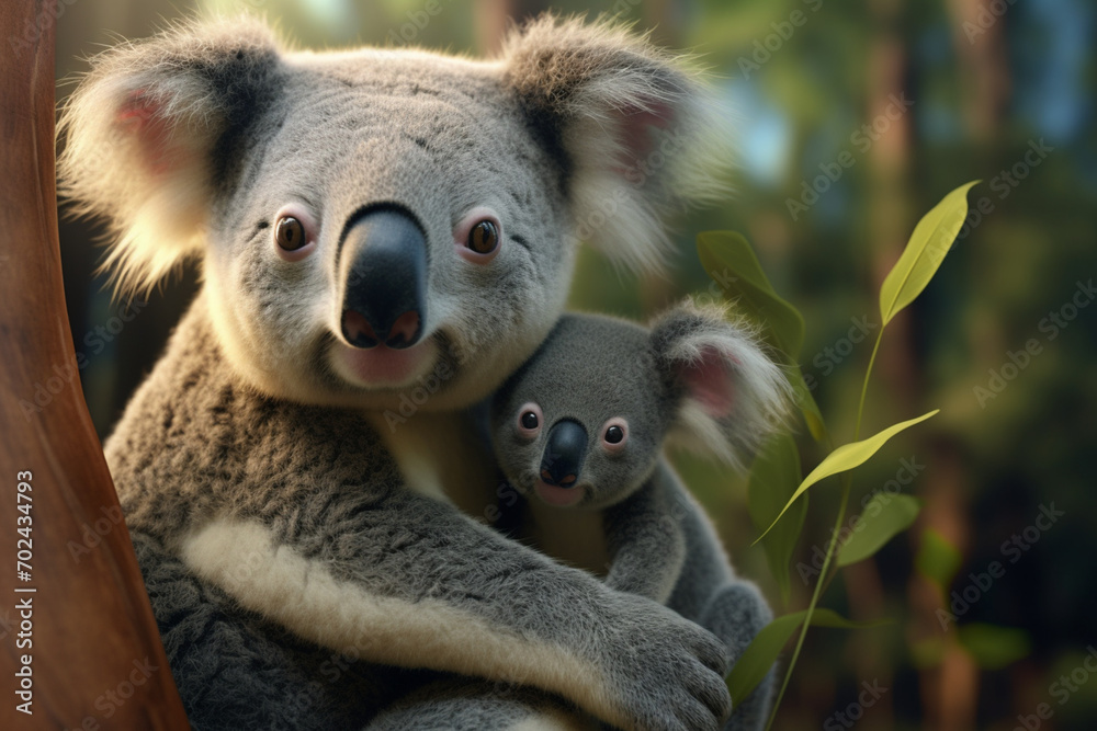 Fototapeta premium Close-up of a young koala bear (Phascolarctos cinereus) on back of its mother