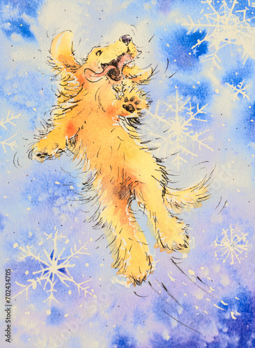Happy dog jumping . Dog playing with snowflakes. Picture created with watercolors.