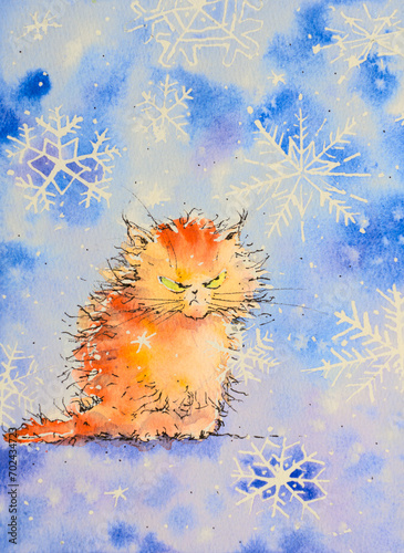 Angry, red cat with snowflakes background. Illustration created with watercolors.