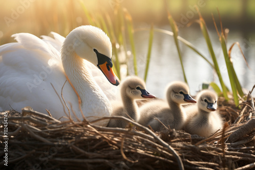Close-up image of Mute swans - Cygnus Olor and newly hatched cygnets in the spring sunshine