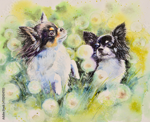 Two small chihuahua dogs jumping and playing on a field. Picture created with watercolors.