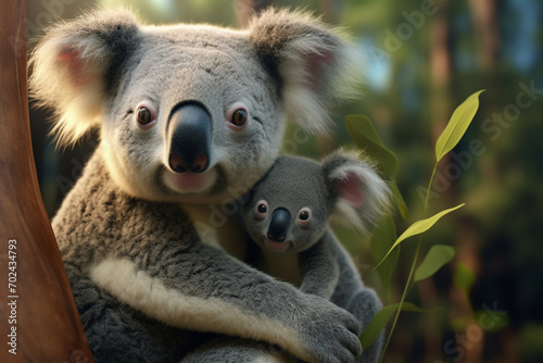 Close-up of a young koala bear  Phascolarctos cinereus  on back of its mother