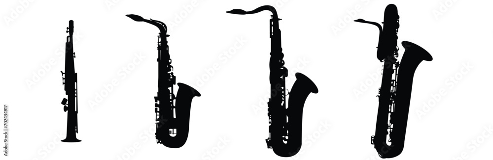 Set of black silhouettes of saxophones. Vector saxophones on a white background. Classic instruments symbols for store or music app.
