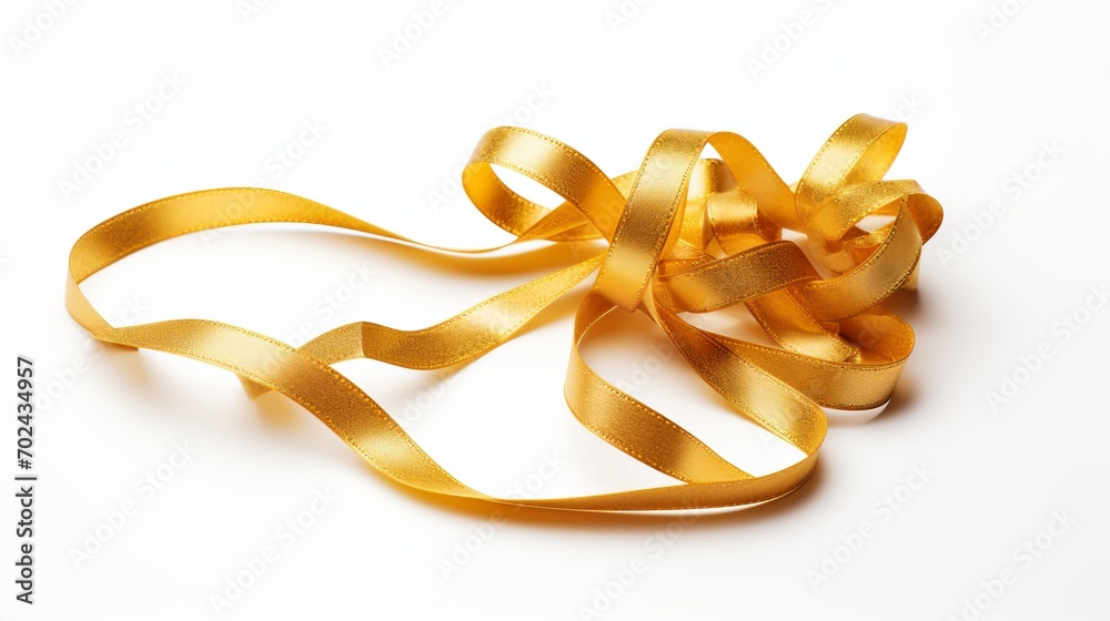 Shiny curly gold ribbon for christmas and birthday present banner isolated on white background Shiny curly gold ribbon for christmas and birthday present banner isolated on white background