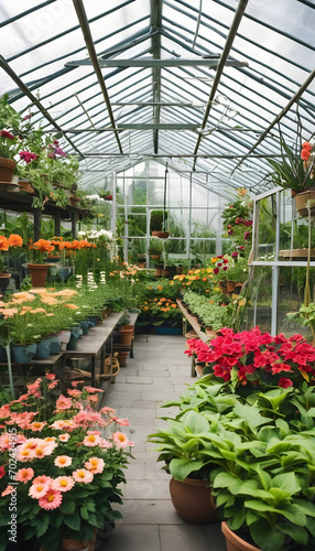 Potted plants and flowers growing in a greenhouse