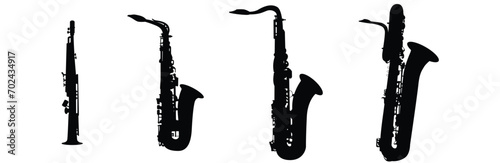 Set of black silhouettes of saxophones. Vector saxophones on a white background. Classic instruments symbols for store or music app.