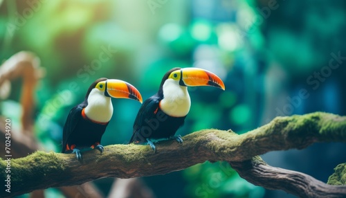 Vibrant toucan birds on branch in rainforest with blurred green vegetation background