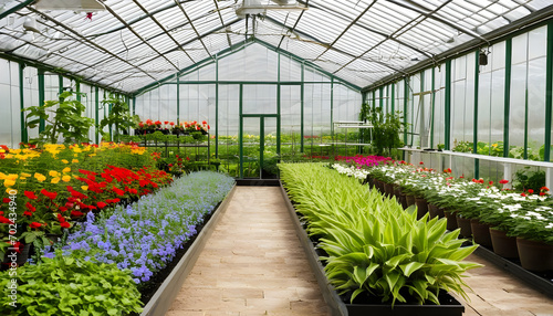 Potted plants and flowers growing in a greenhouse