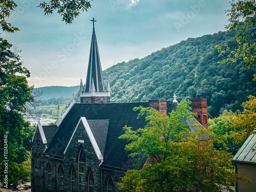 St. Peter's Roman Catholic Church in Harpers Ferry, West Virginia. The church commands a sweeping vista across the gorge of the Shenandoah River above its confluence with the Potomac River. 