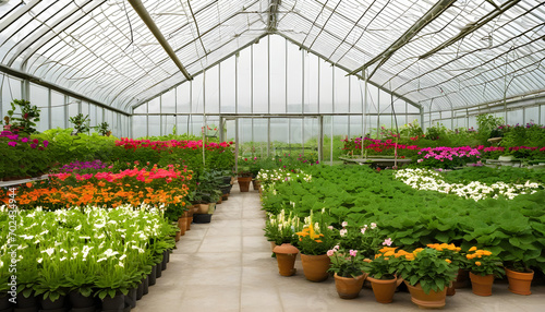 Potted plants and flowers growing in a greenhouse