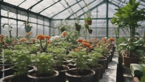 Potted plants and flowers growing in a greenhouse