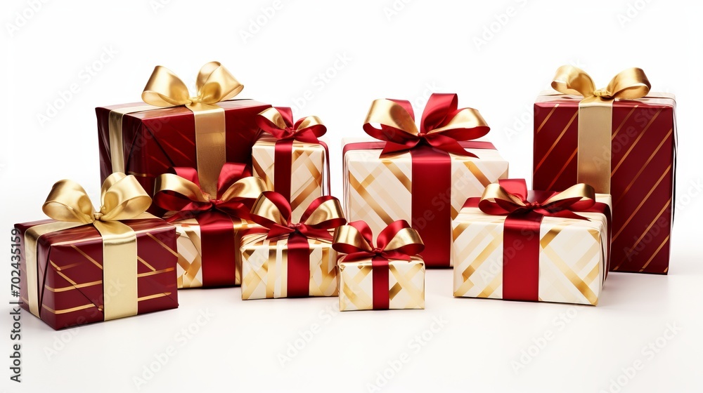 Collection of red and white gift wrapped presents with red and gold ribbon bows on white background Collection of red and white gift wrapped presents with red and gold ribbon bows on white background