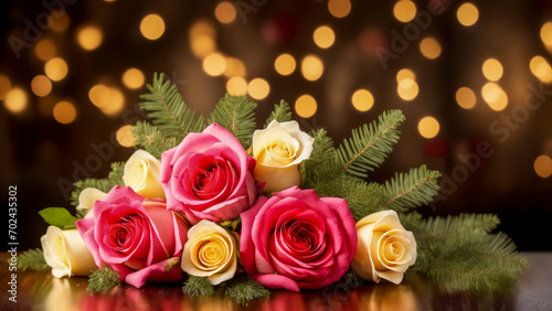 Bouquet of winter blossoming delicate pink and yellow roses with fir twigs lying on wooden surface. On dark festive background with bokeh. Copy space.