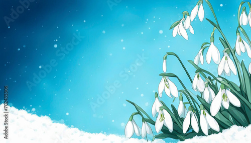 Close-up image of spring flowering white Snowdrop flowers also known as Galanthus Nivalis, making their way out from under the snow. Watercolor drawing on blue background. Copy space.