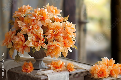 Big bouquet of orange flower on pedestal with copy space, room with fresh Dahlia