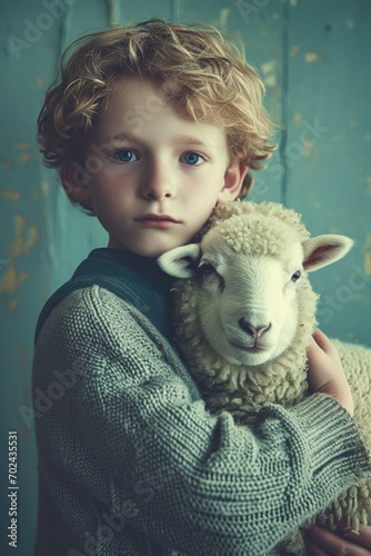 A young boy holding a sheep in front of a blue wall. Generative AI.