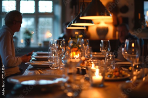 A table with candles and wine glasses on it. Generative AI.