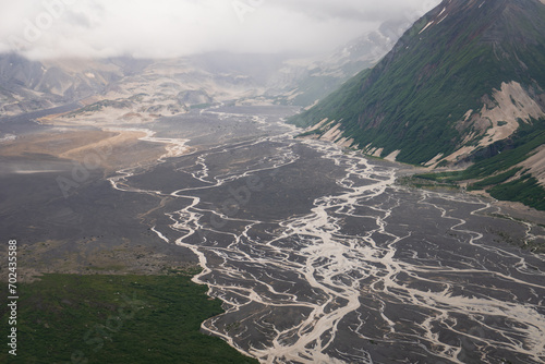 Ukak River drains off the ash field of Valley of Ten Thousand Smokes in Katmai National Park and Preserve. Braided river is rich with ash deposits from 1912 Novarupta volcano eruption. photo