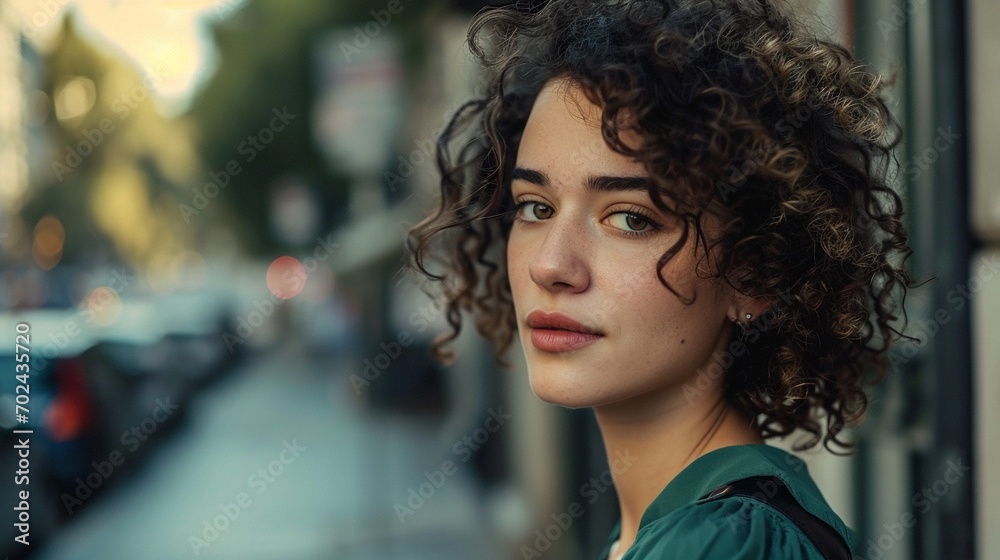Portrait of beautiful young woman with curly hair in stylish green blouse in the city street background with copy space, fashion lady in spring city. Portrait of beautiful young woman with curly hair in stylish green blouse in the city street background with copy space, fashion lady in spring city.