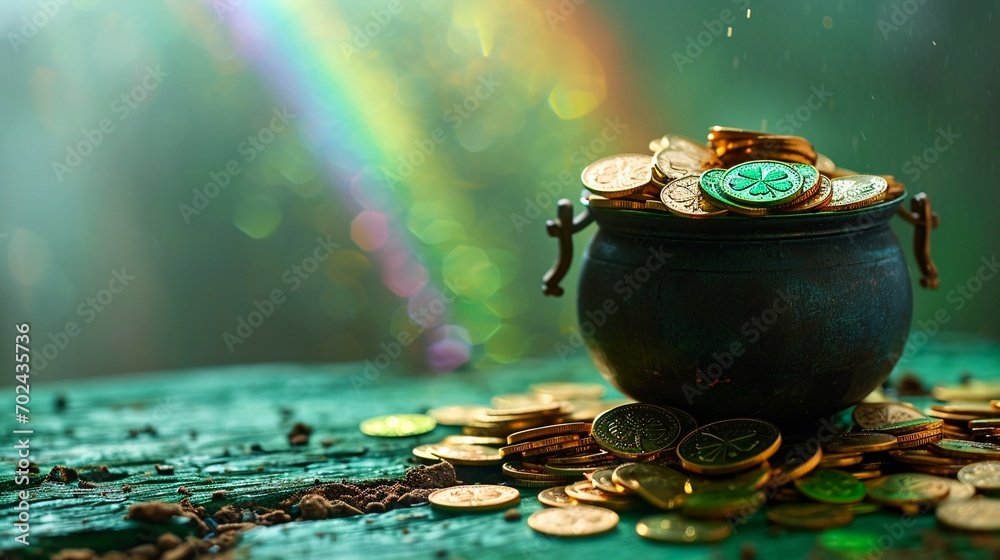 Saint Patrick's Day and Leprechaun's pot of gold coins concept with a rainbow indicating where the leprechaun hid treasure on green with copy space. St Patrick is the patron saint of Ireland backdrop. - obrazy, fototapety, plakaty 